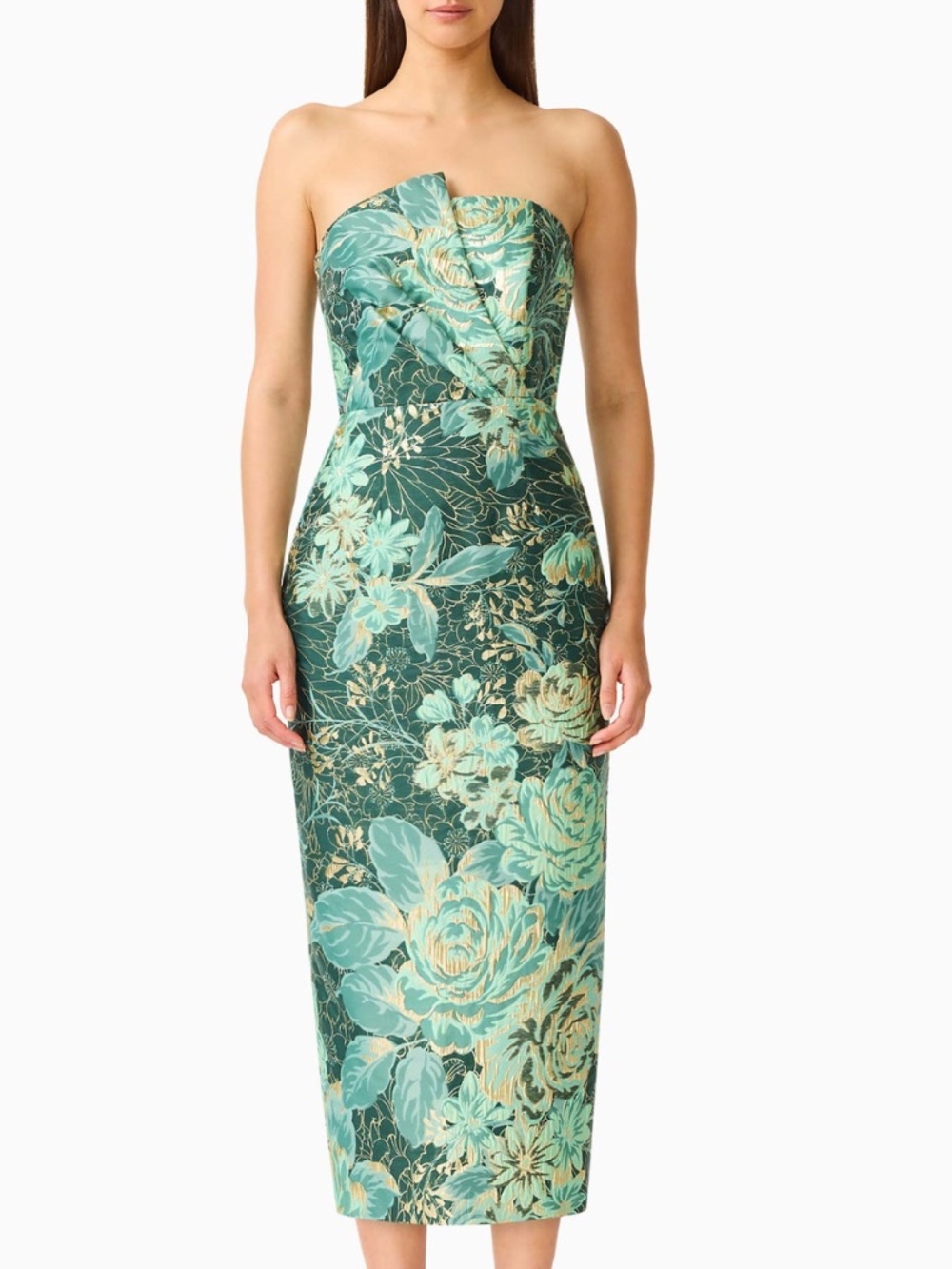 Elliatt Meliora Column Midi Dress Green Floral Brocade Jacquard Strapless SMALL
